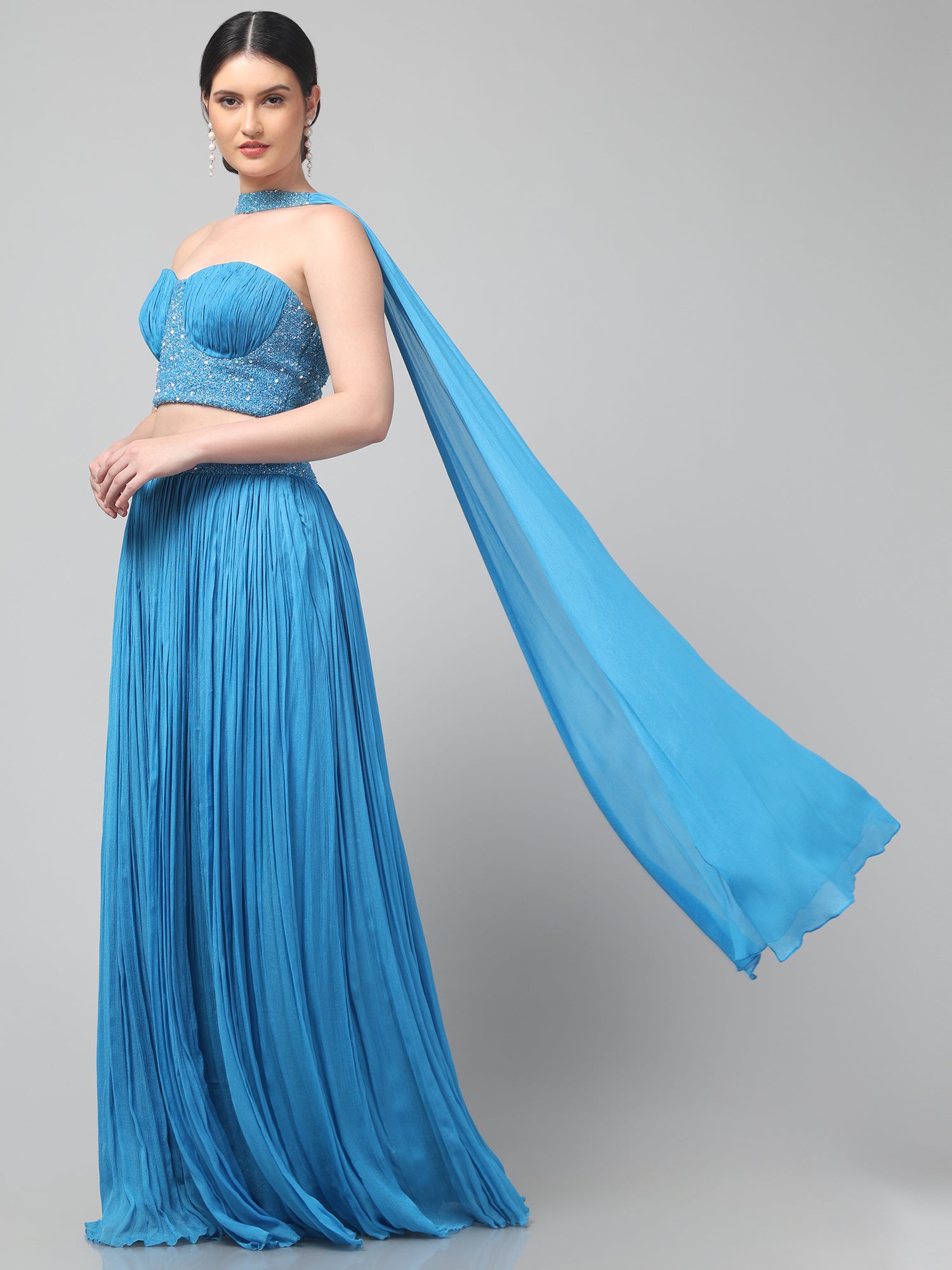 Sky-blue Corset with pleated Skirt & Dupatta