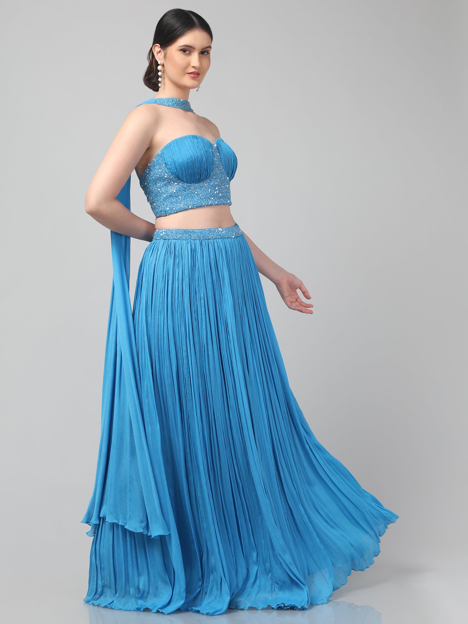 Sky-blue Corset with pleated Skirt & Dupatta