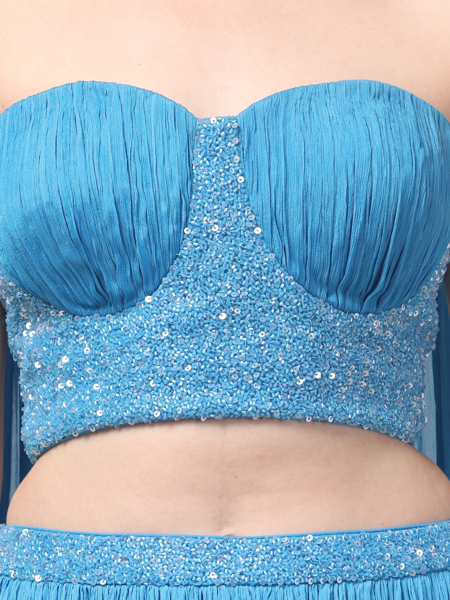 Sky-blue Corset with pleated Skirt & Dupatta
