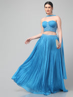 Sky-blue Corset with pleated Skirt & Dupatta