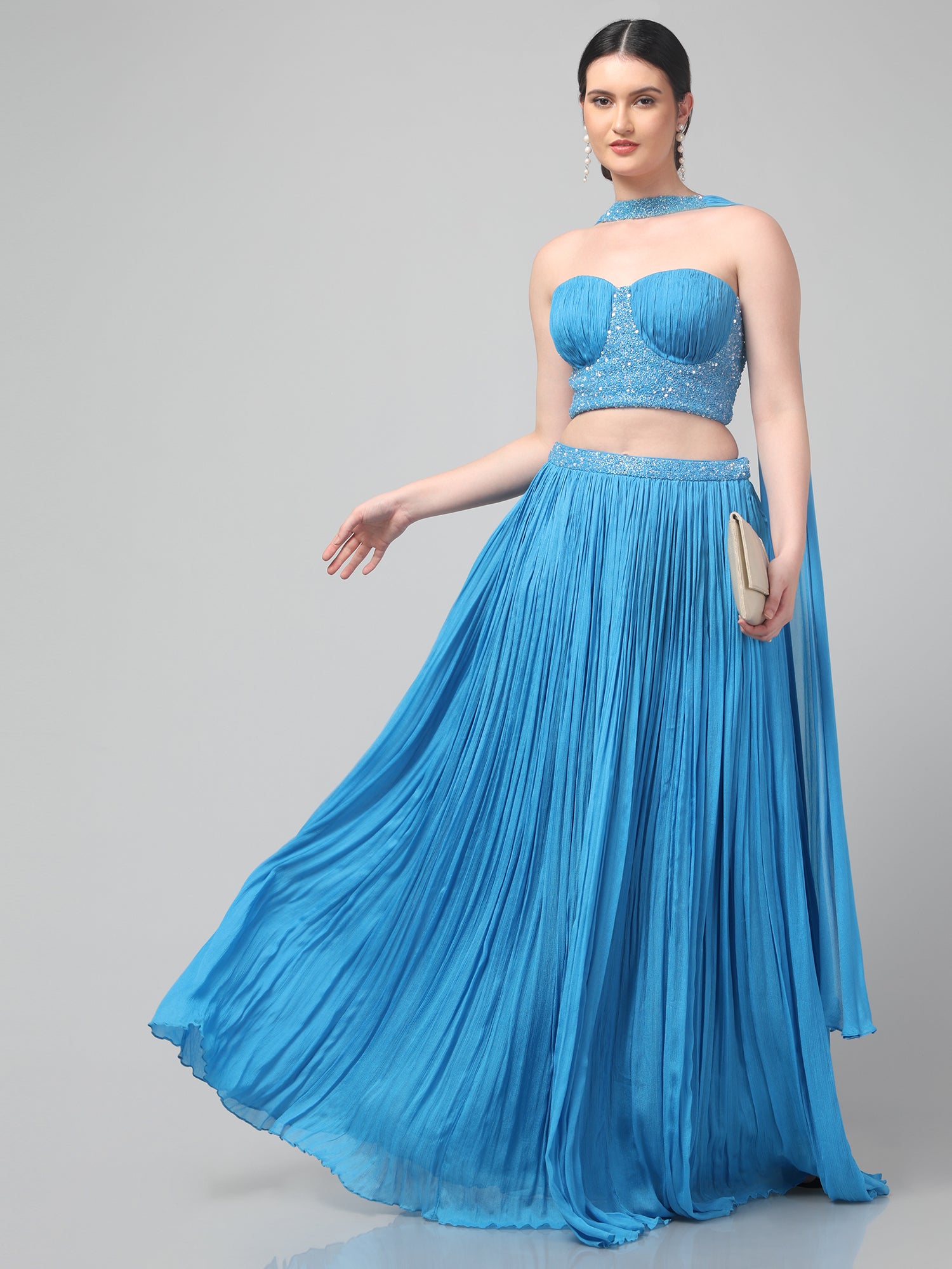 Sky-blue Corset with pleated Skirt & Dupatta