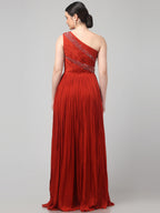 Rust Orange One-Shoulder Pleated Gown