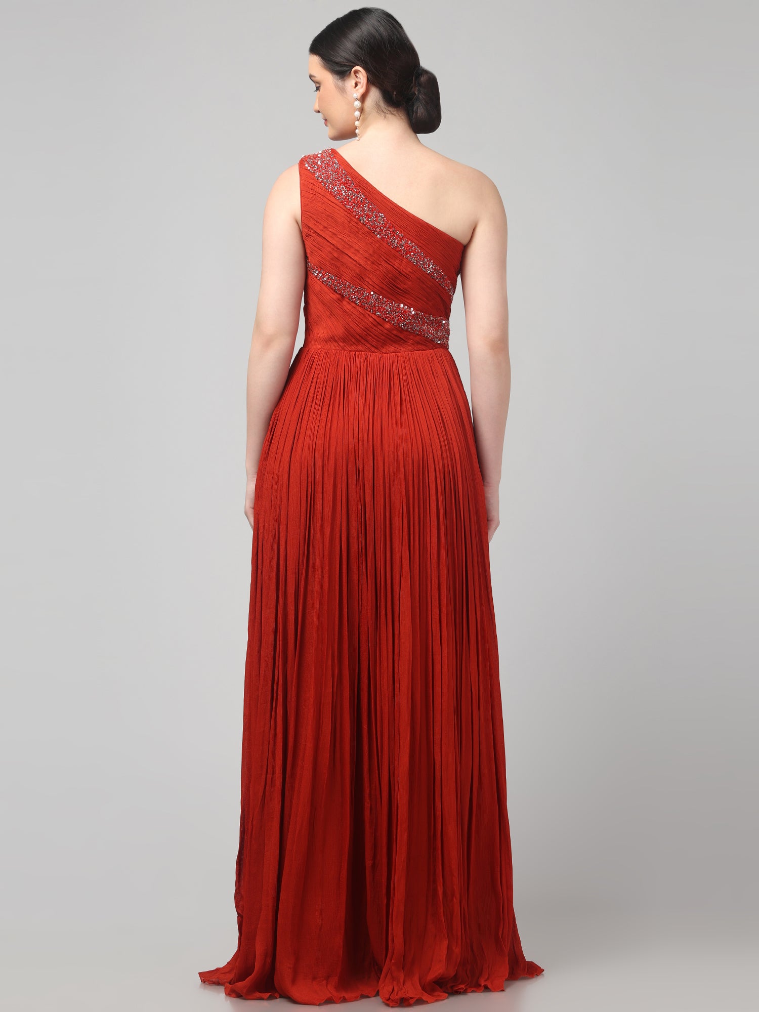 Rust Orange One-Shoulder Pleated Gown