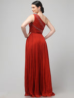 Rust Orange One-Shoulder Pleated Gown