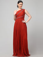 Rust Orange One-Shoulder Pleated Gown