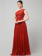 Rust Orange One-Shoulder Pleated Gown