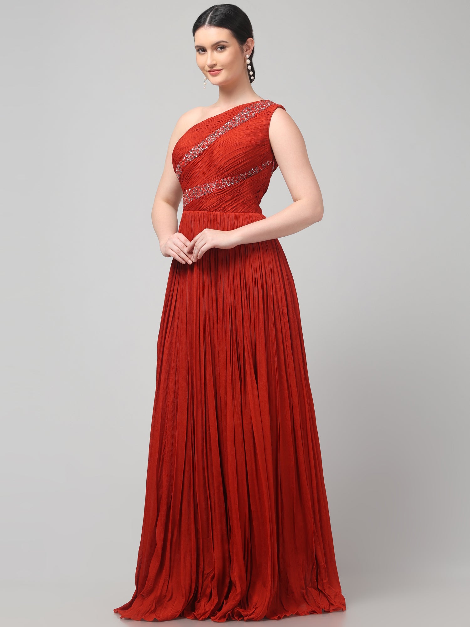 Rust Orange One-Shoulder Pleated Gown