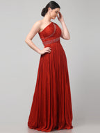 Rust Orange One-Shoulder Pleated Gown