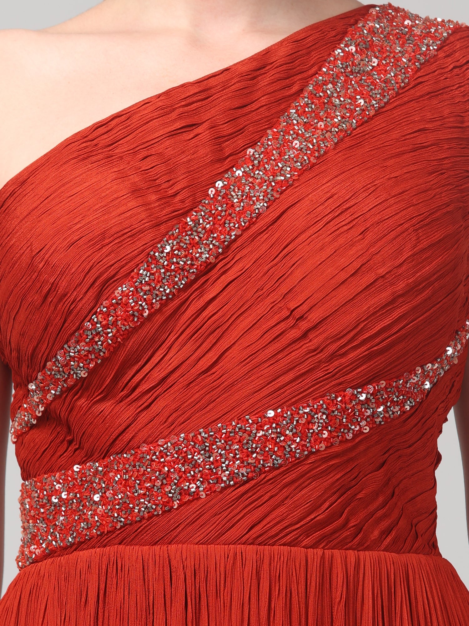 Rust Orange One-Shoulder Pleated Gown