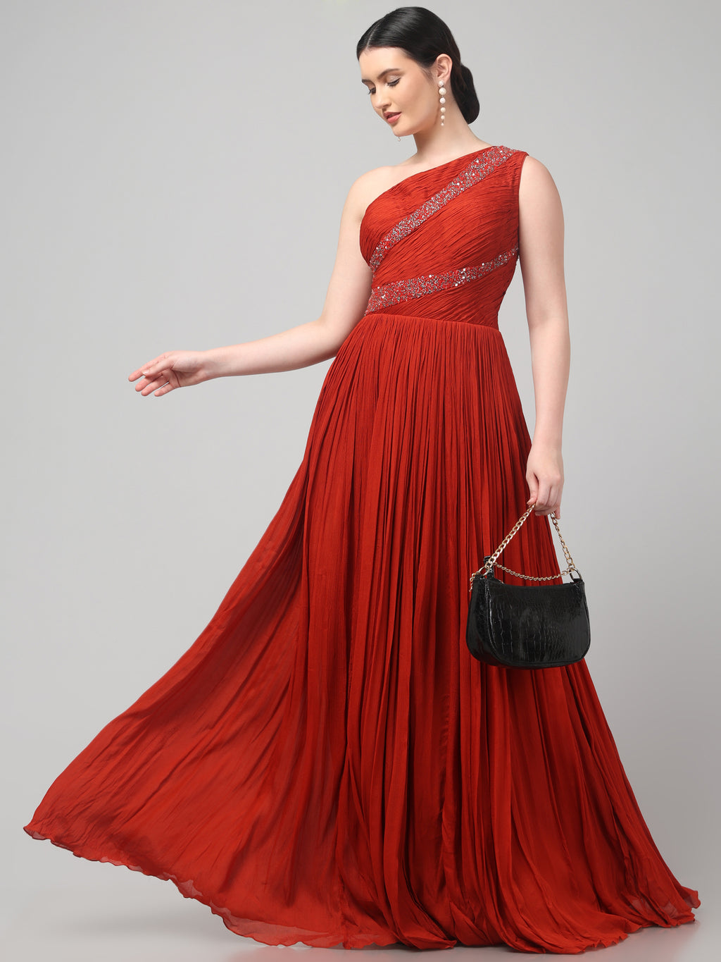 Rust Orange One-Shoulder Pleated Gown