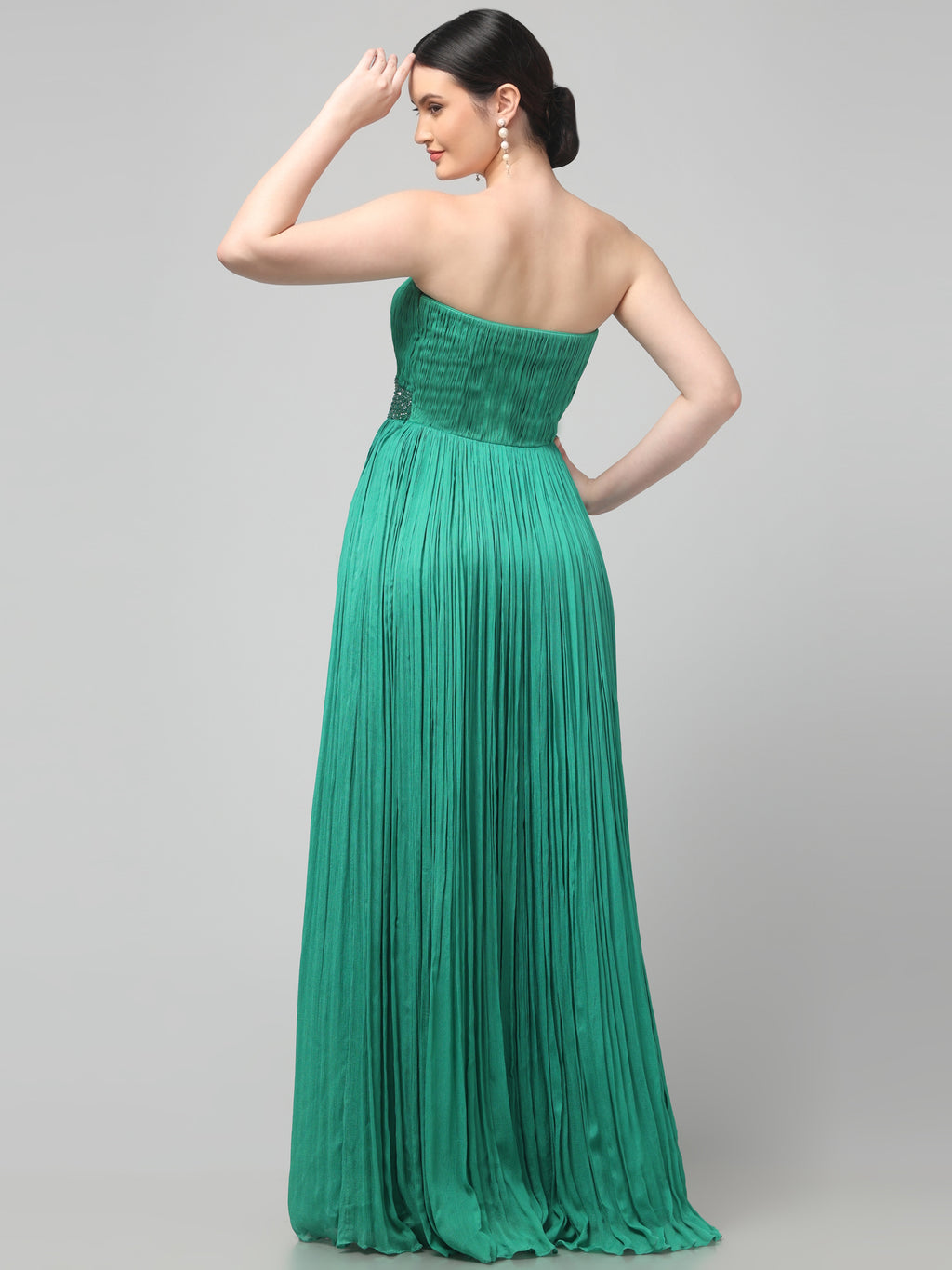Off-shoulder Emerald Green Pleated Gown