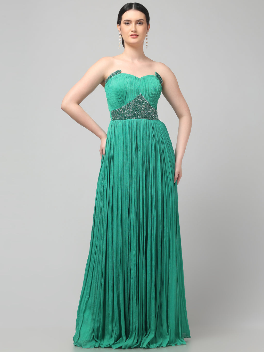 Off-shoulder Emerald Green Pleated Gown