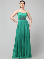 Off-shoulder Emerald Green Pleated Gown