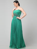 Off-shoulder Emerald Green Pleated Gown