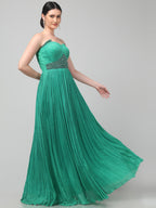 Off-shoulder Emerald Green Pleated Gown