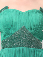Off-shoulder Emerald Green Pleated Gown