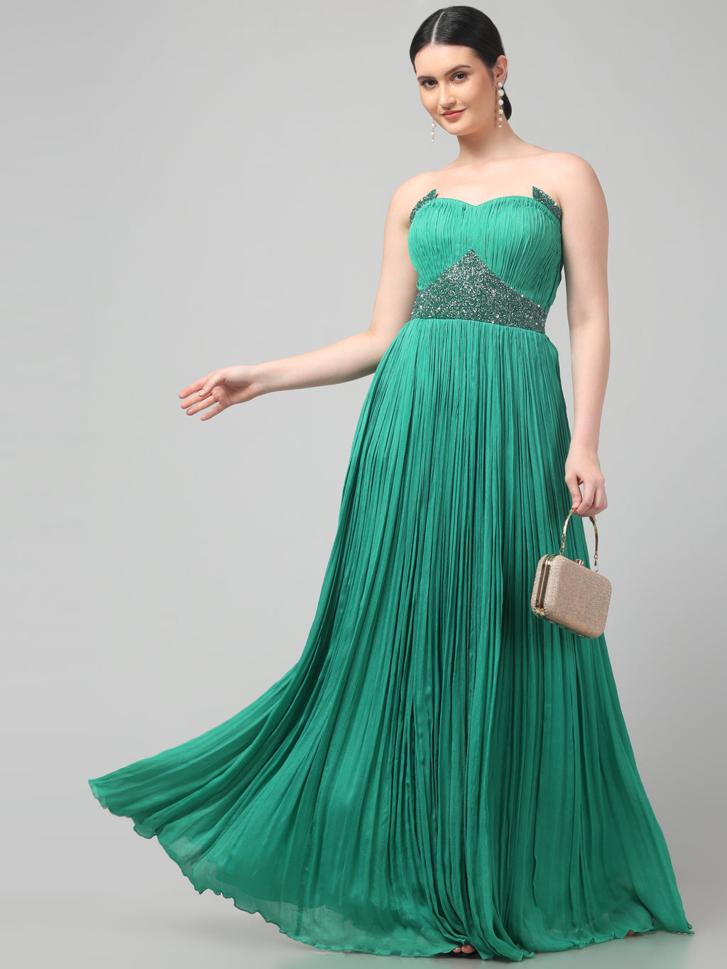 Off-shoulder Emerald Green Pleated Gown