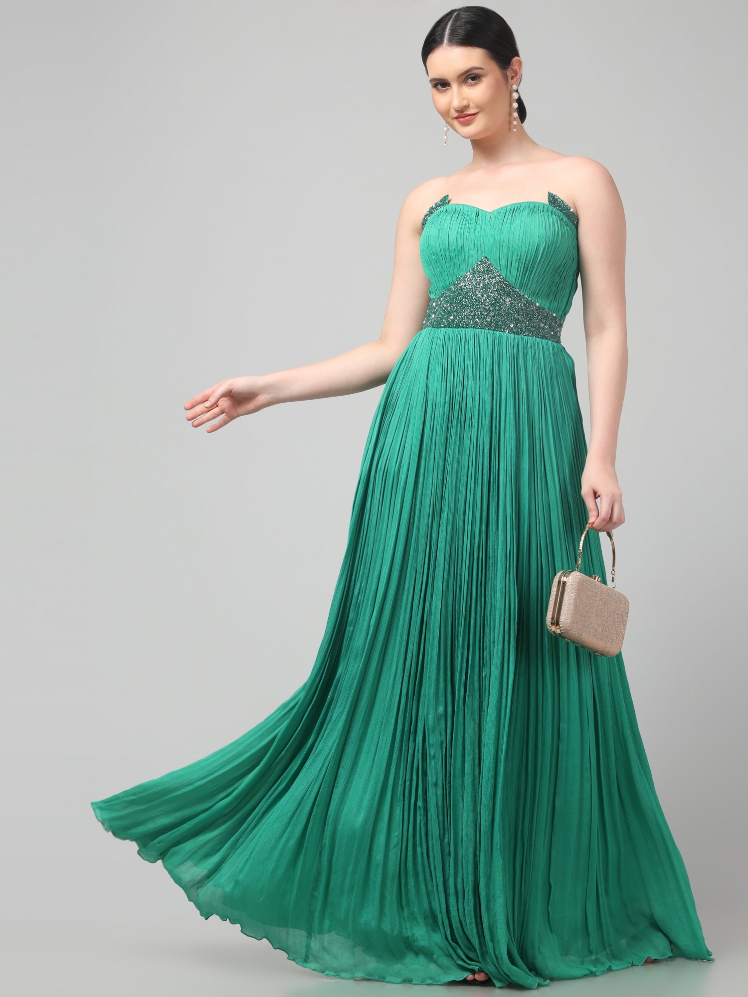 Off-shoulder Emerald Green Pleated Gown