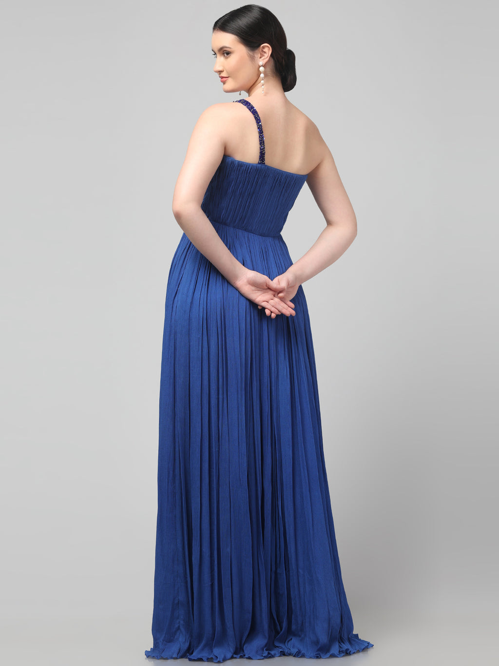 Blue One-Shoulder Pleated Gown