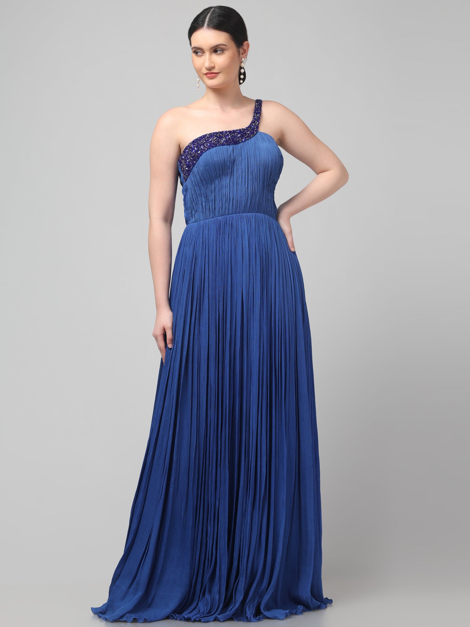 Blue One-Shoulder Pleated Gown
