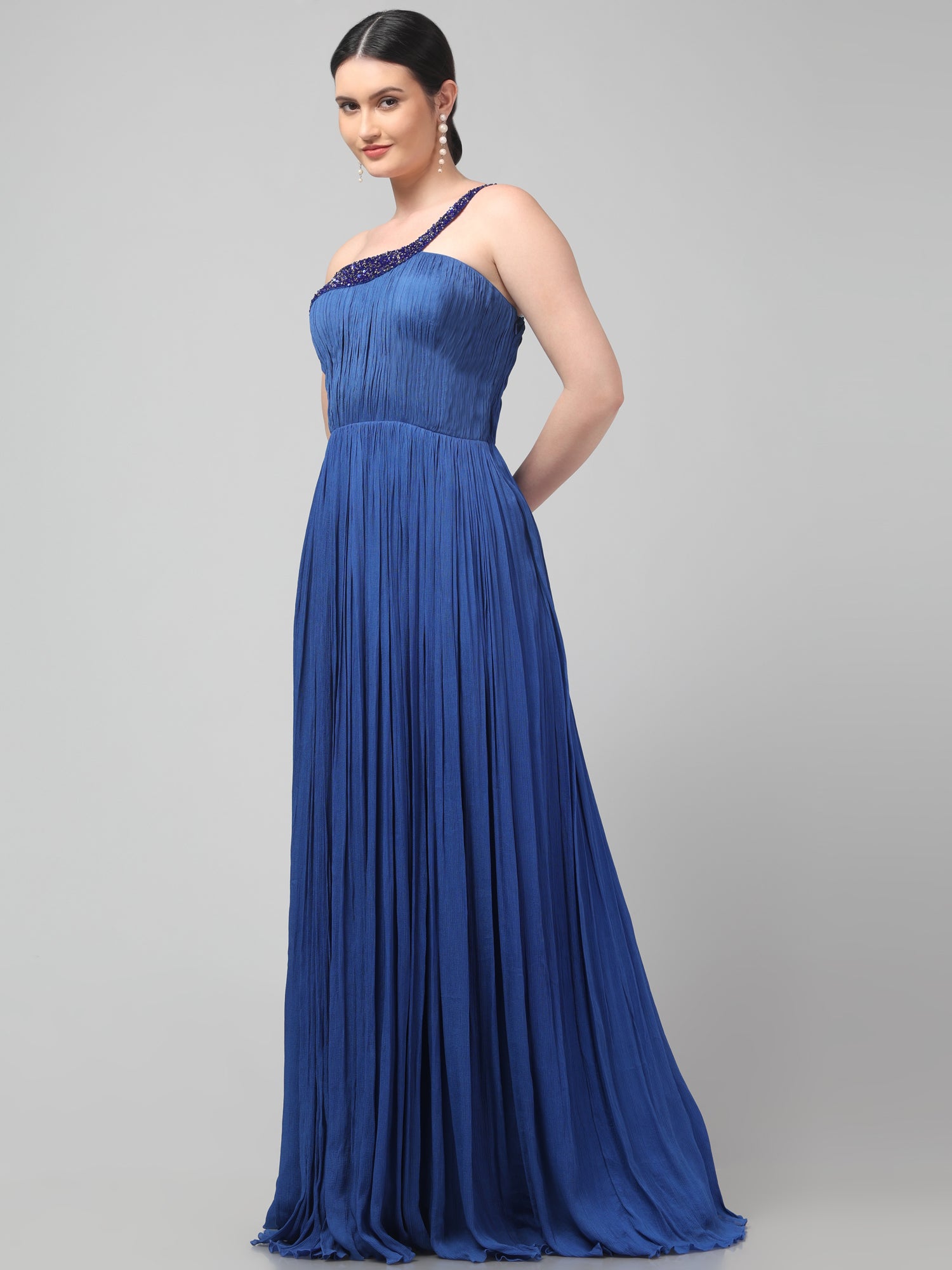 Blue One-Shoulder Pleated Gown