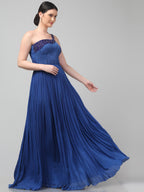 Blue One-Shoulder Pleated Gown
