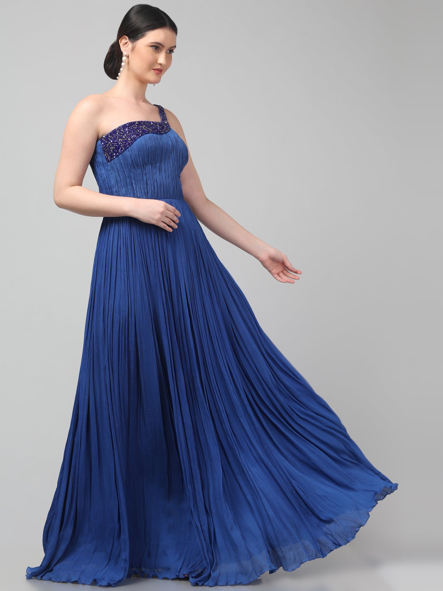 Blue One-Shoulder Pleated Gown