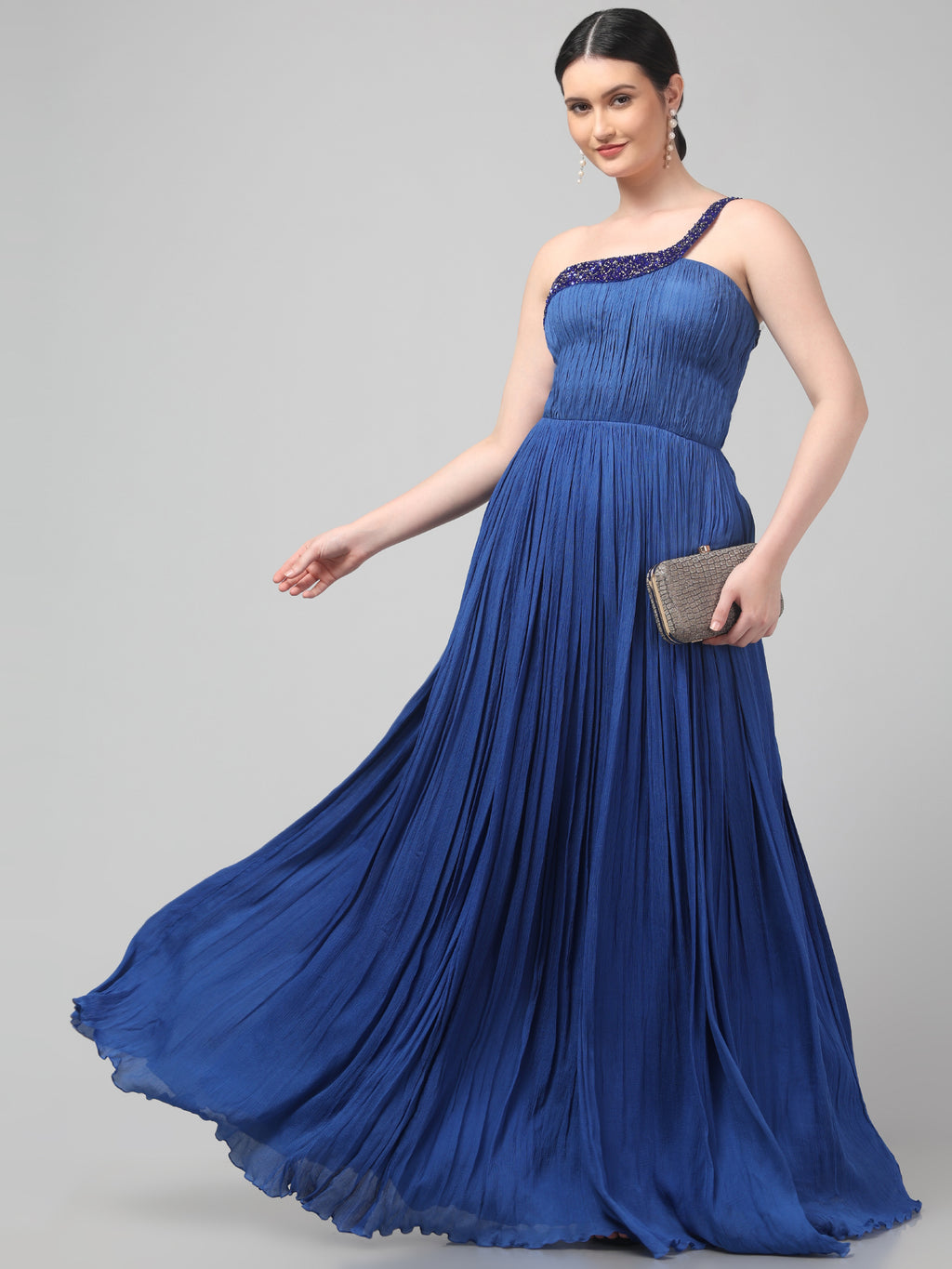Blue One-Shoulder Pleated Gown