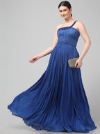 Blue One-Shoulder Pleated Gown