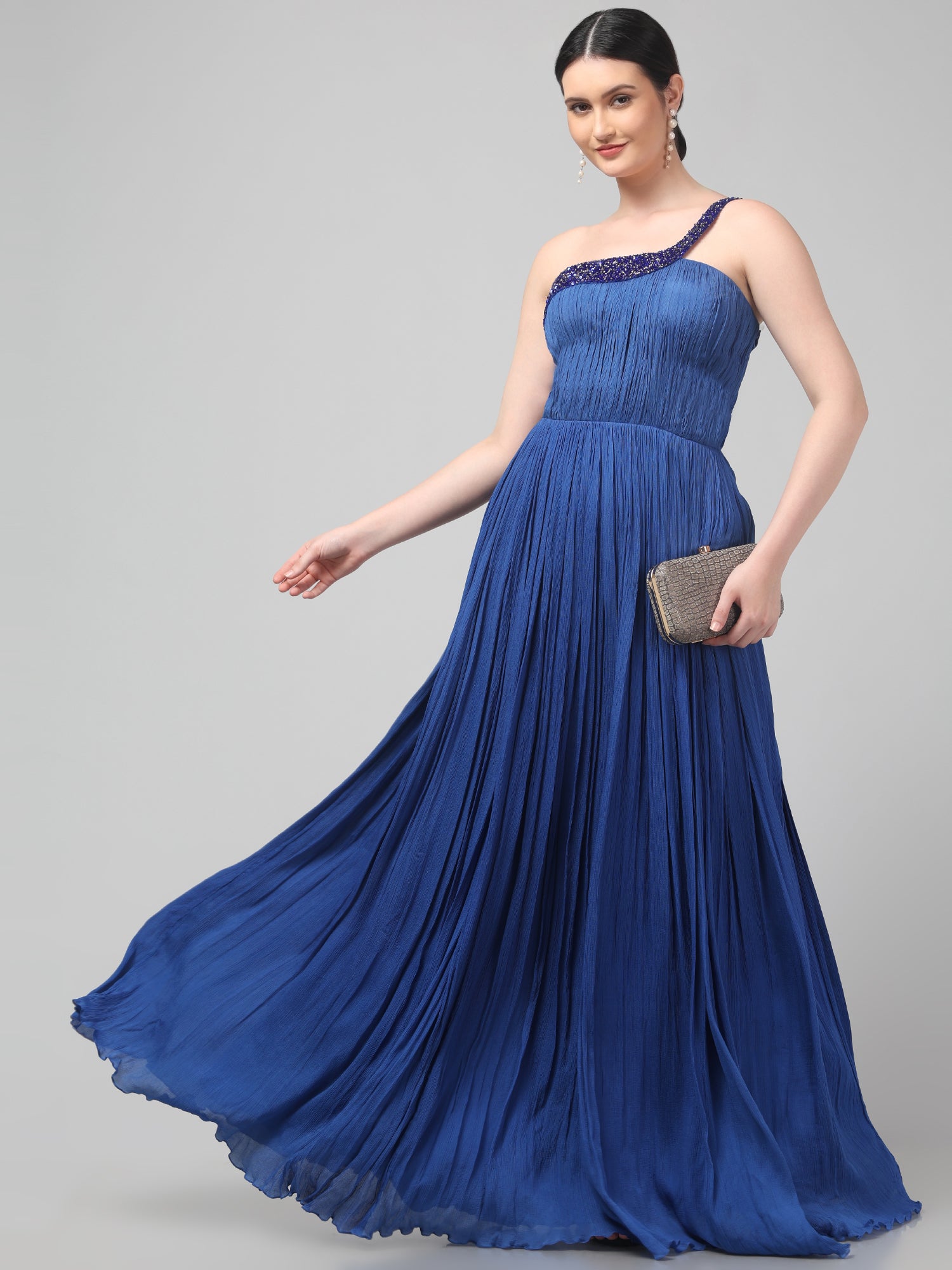 Blue One-Shoulder Pleated Gown