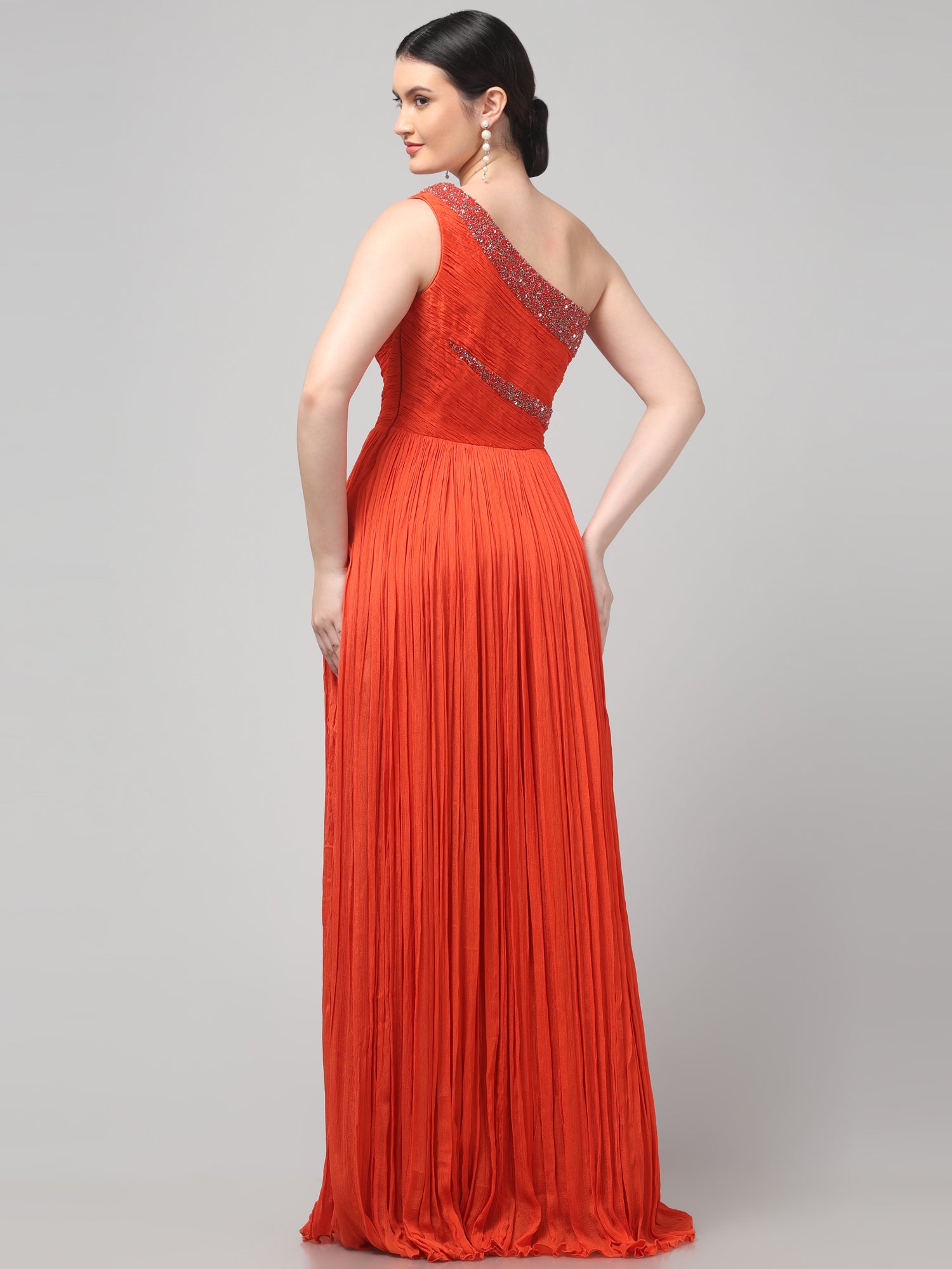 Orange One-Shoulder Pleated Gown