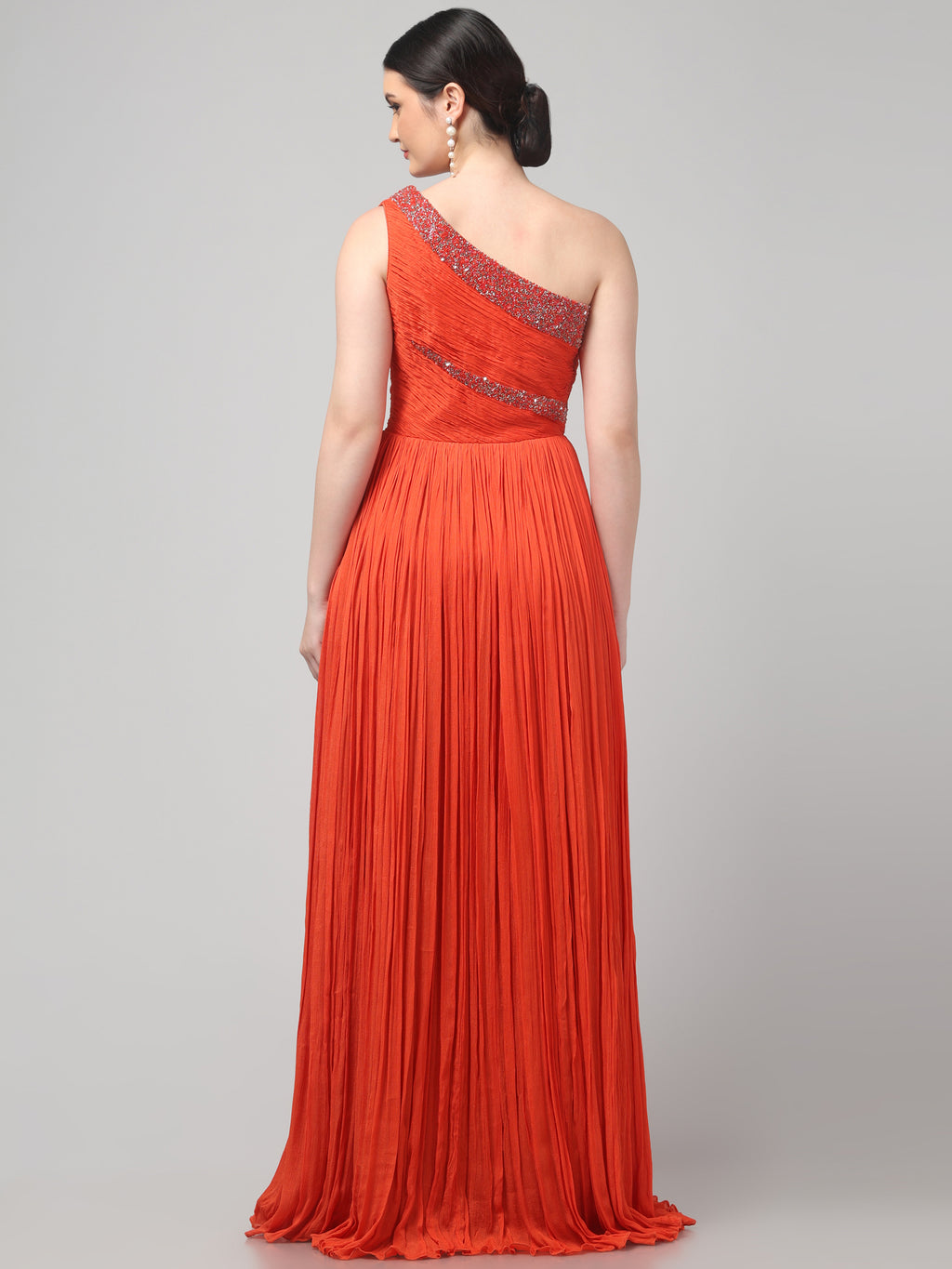 Orange One-Shoulder Pleated Gown