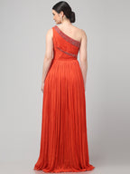 Orange One-Shoulder Pleated Gown