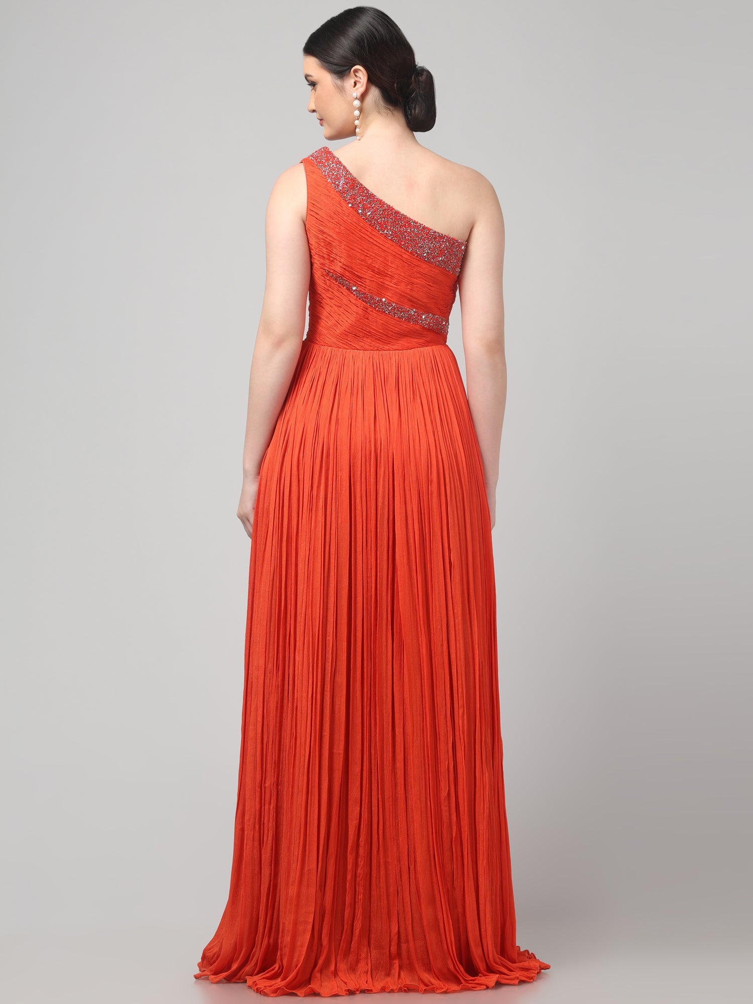 Orange One-Shoulder Pleated Gown