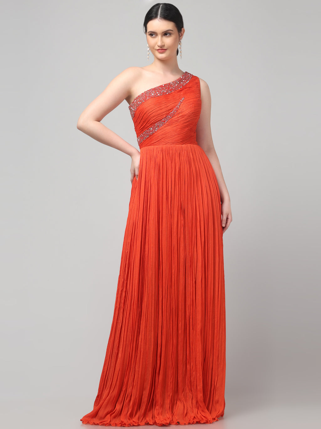 Orange One-Shoulder Pleated Gown
