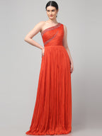 Orange One-Shoulder Pleated Gown