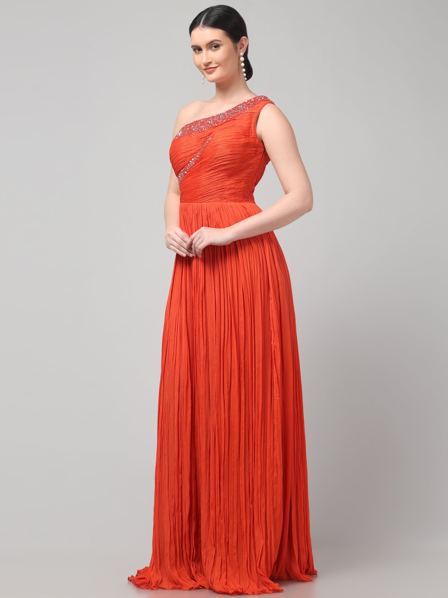 Orange One-Shoulder Pleated Gown