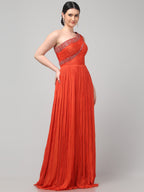 Orange One-Shoulder Pleated Gown