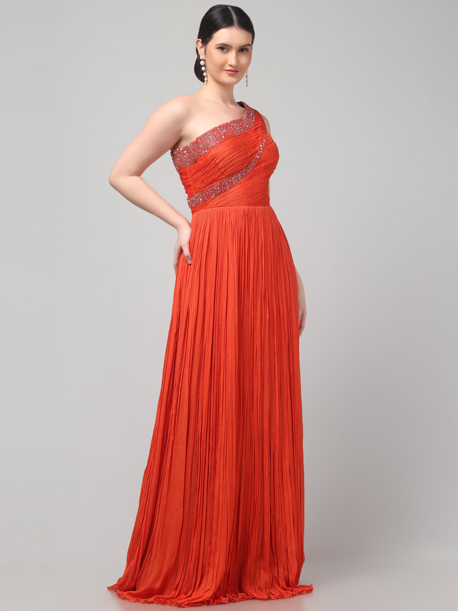 Orange One-Shoulder Pleated Gown