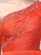 Orange One-Shoulder Pleated Gown