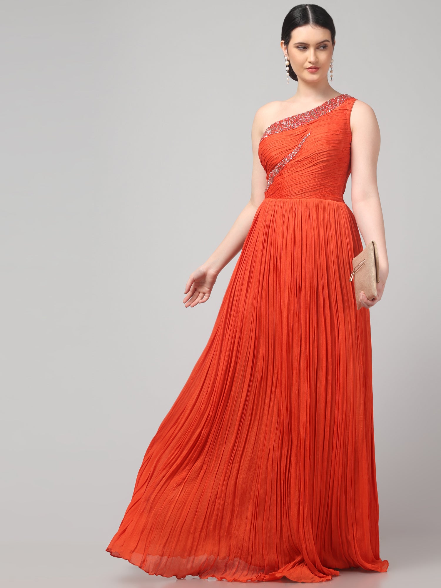 Orange One-Shoulder Pleated Gown
