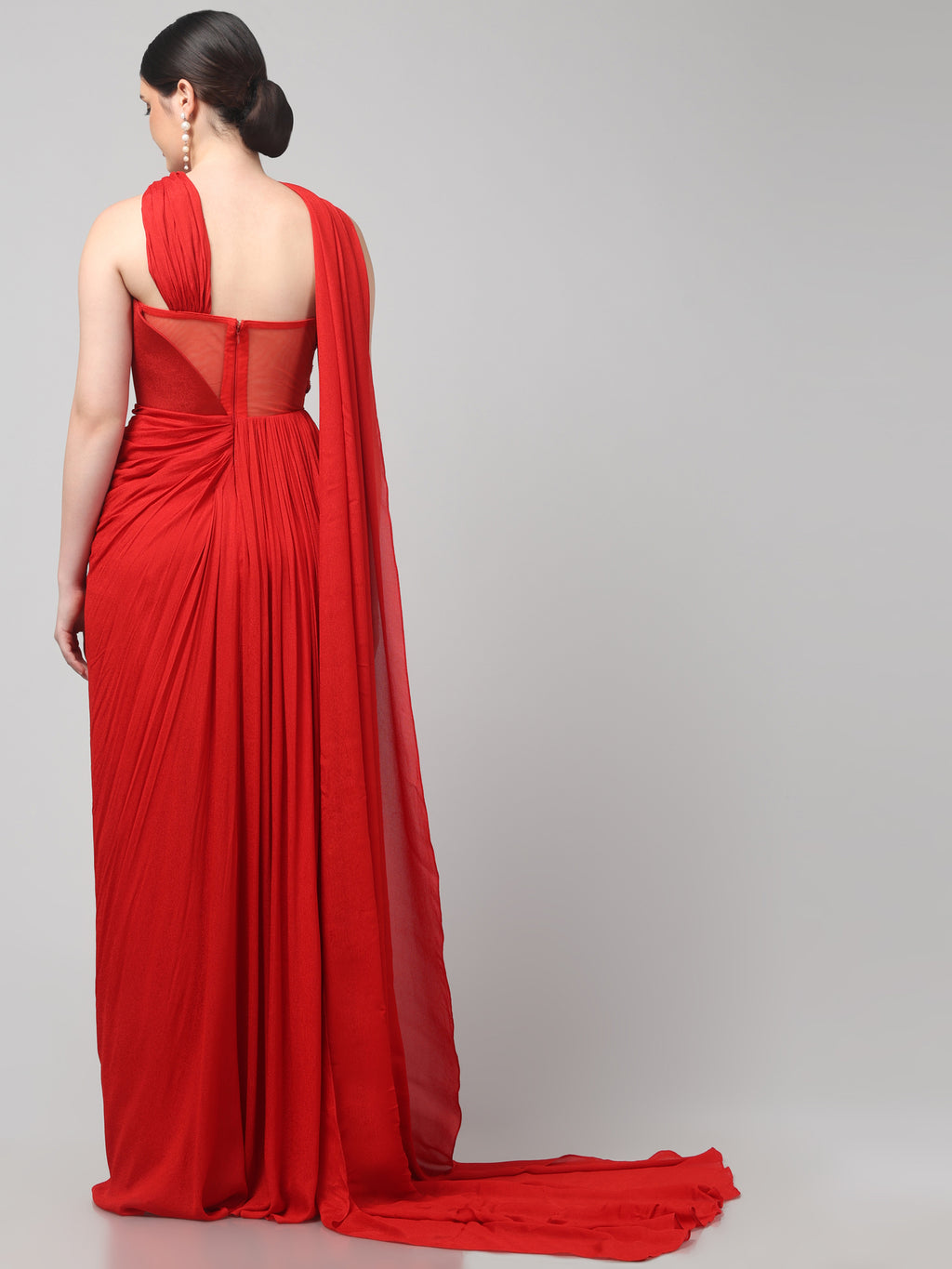 Red Embellished Strapless Saree Gown with Drape Detail