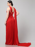 Red Embellished Strapless Saree Gown with Drape Detail