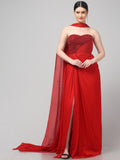 Red Embellished Strapless Saree Gown with Drape Detail
