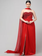 Red Embellished Strapless Saree Gown with Drape Detail