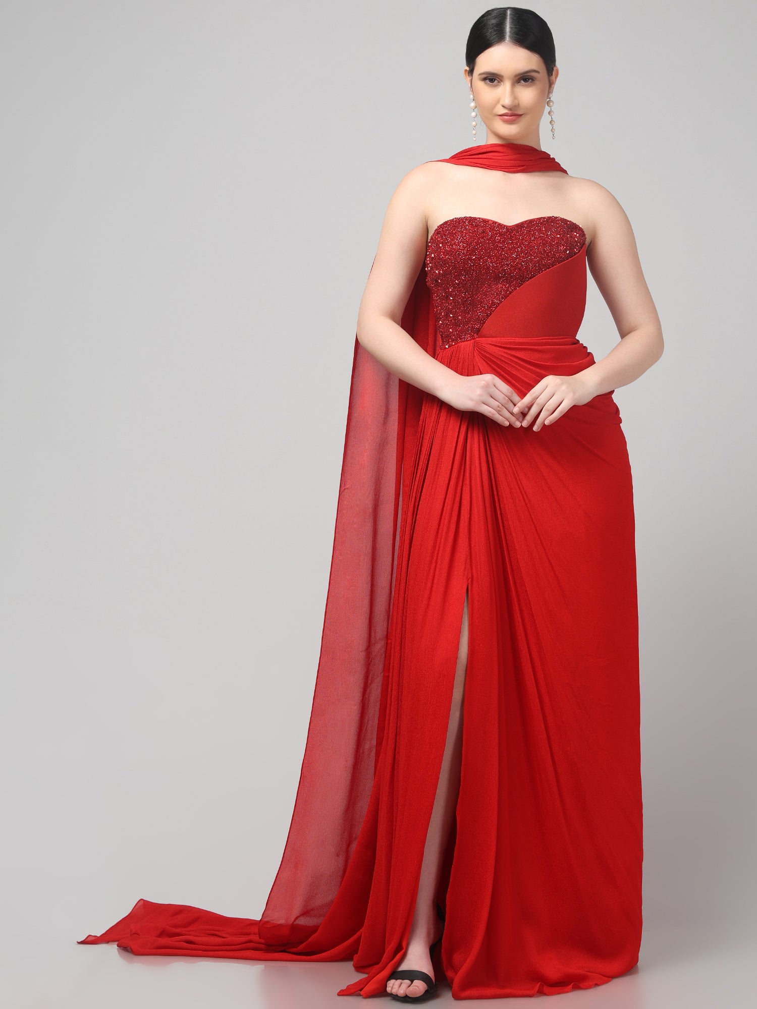 Red Embellished Strapless Saree Gown with Drape Detail