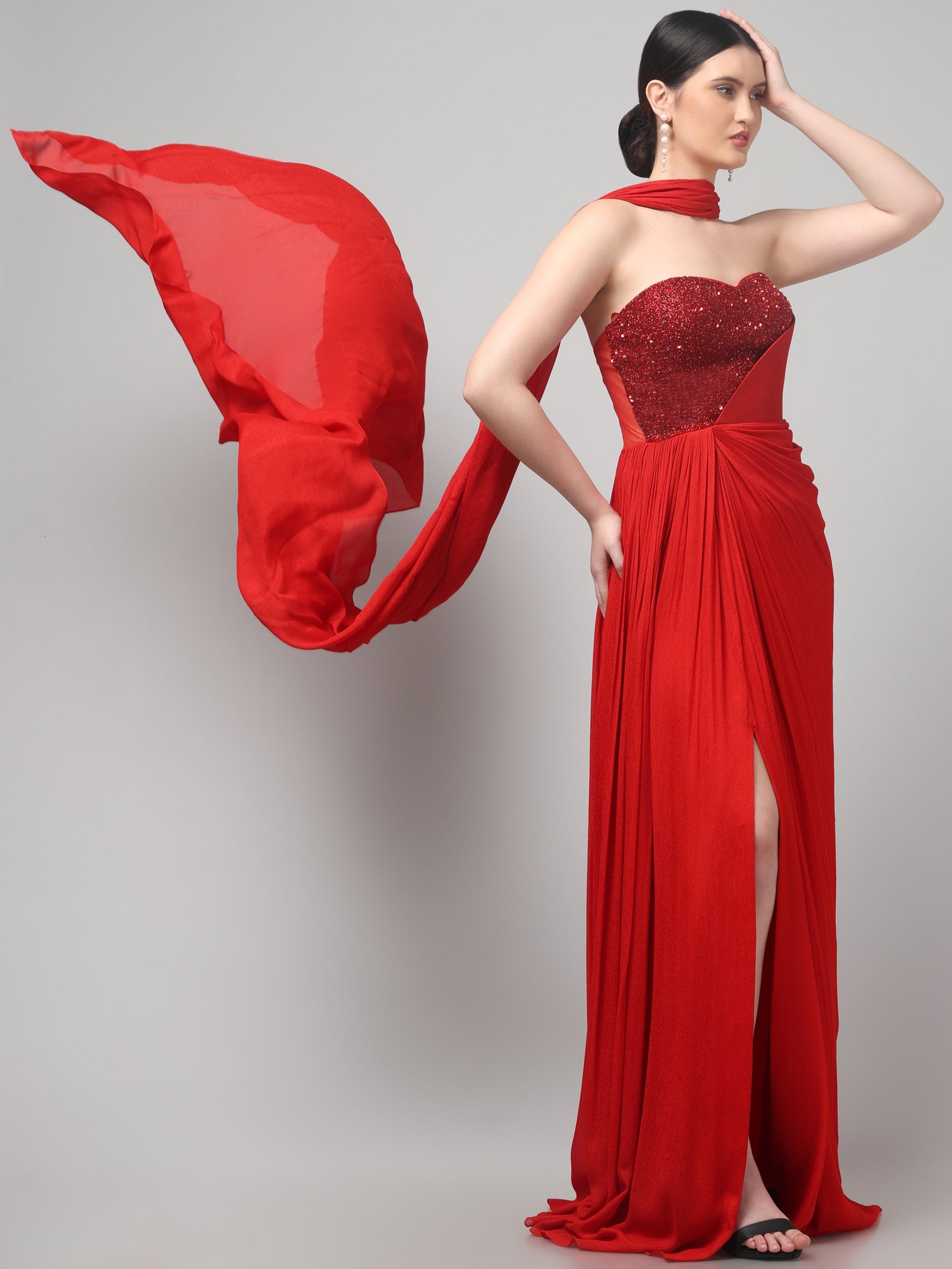 Red Embellished Strapless Saree Gown with Drape Detail