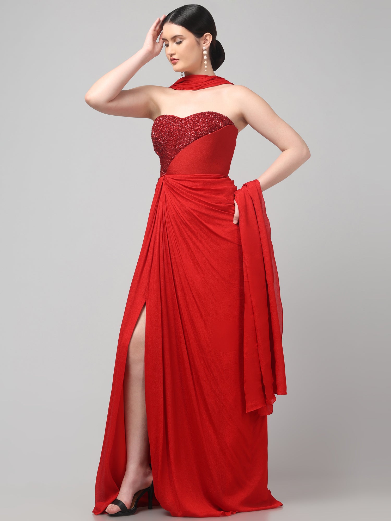 Red Embellished Strapless Saree Gown with Drape Detail