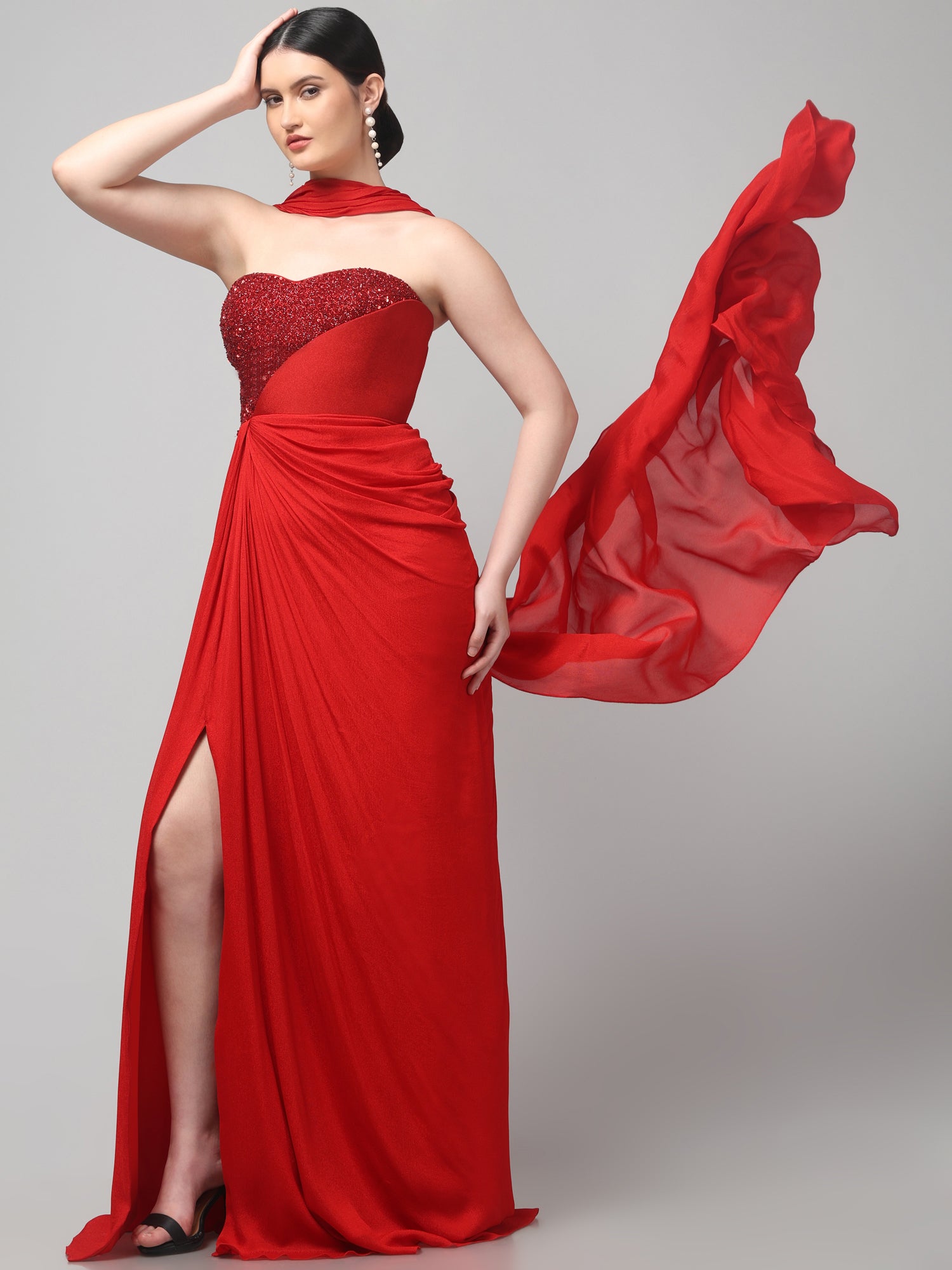 Red Embellished Strapless Saree Gown with Drape Detail