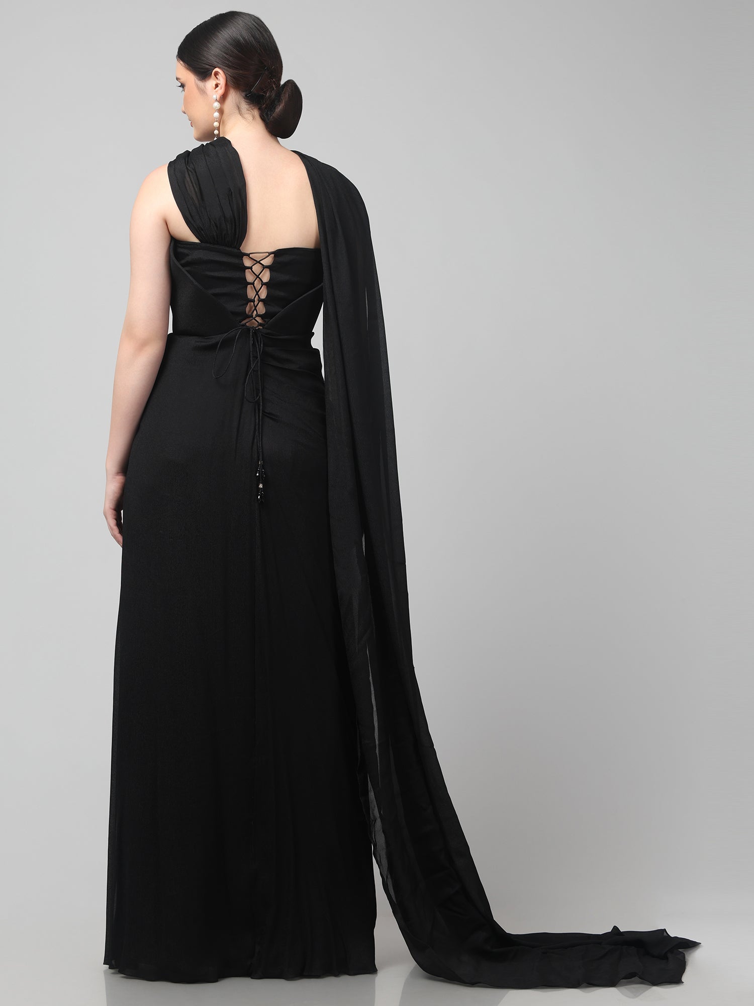 Black Embellished Strapless Saree Gown with Drape Detail